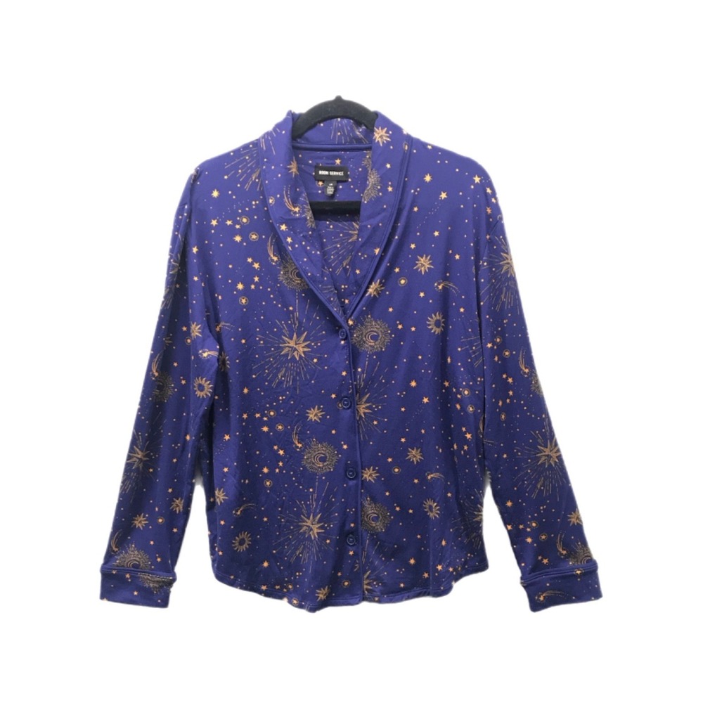 Room Service Pajama Top Button Up Womens Size L Purple Celestial Print